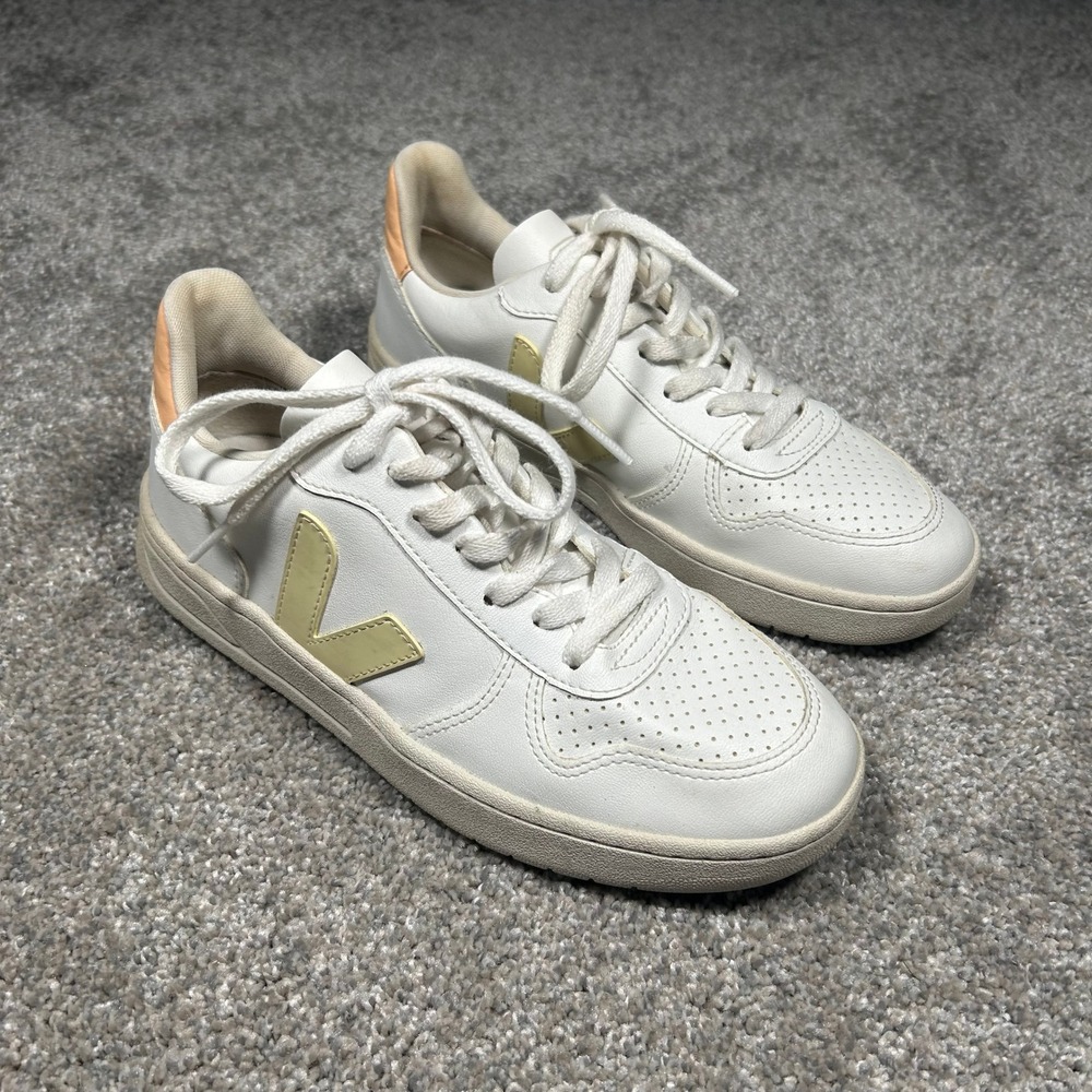 Veja V-10 White Leather Sneakers Yellow Peach Accents Womens Low Top Shoes